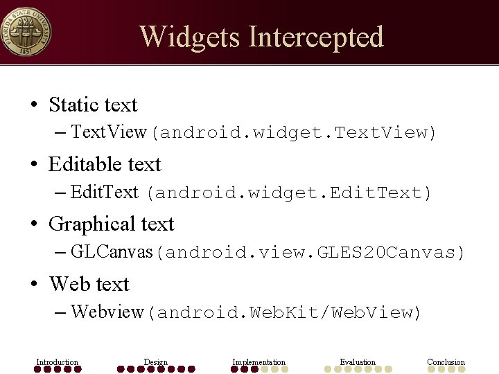 Widgets Intercepted • Static text – Text. View(android. widget. Text. View) • Editable text