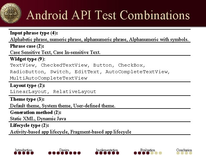 Android API Test Combinations Input phrase type (4): Alphabetic phrase, numeric phrase, alphanumeric phrase,