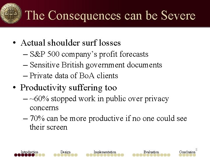 The Consequences can be Severe • Actual shoulder surf losses – S&P 500 company’s