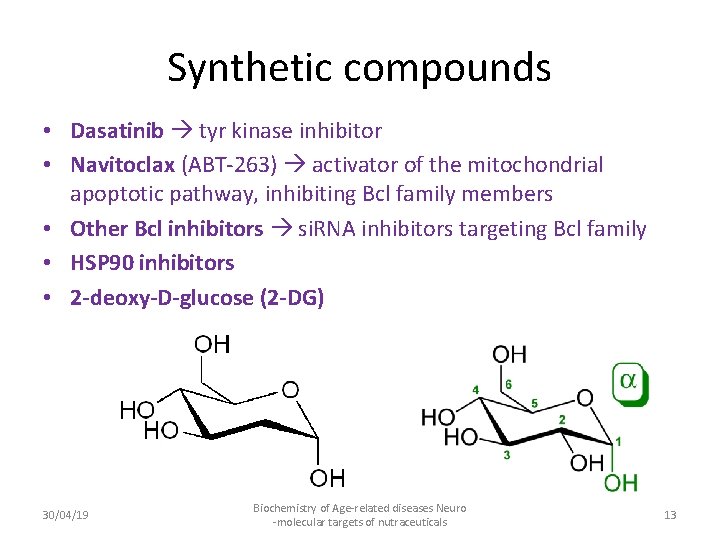 Synthetic compounds • Dasatinib tyr kinase inhibitor • Navitoclax (ABT-263) activator of the mitochondrial