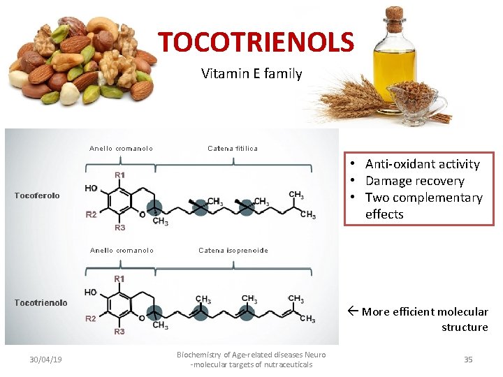 TOCOTRIENOLS Vitamin E family • Anti-oxidant activity • Damage recovery • Two complementary effects