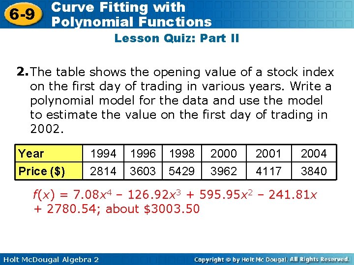 6 -9 Curve Fitting with Polynomial Functions Lesson Quiz: Part II 2. The table
