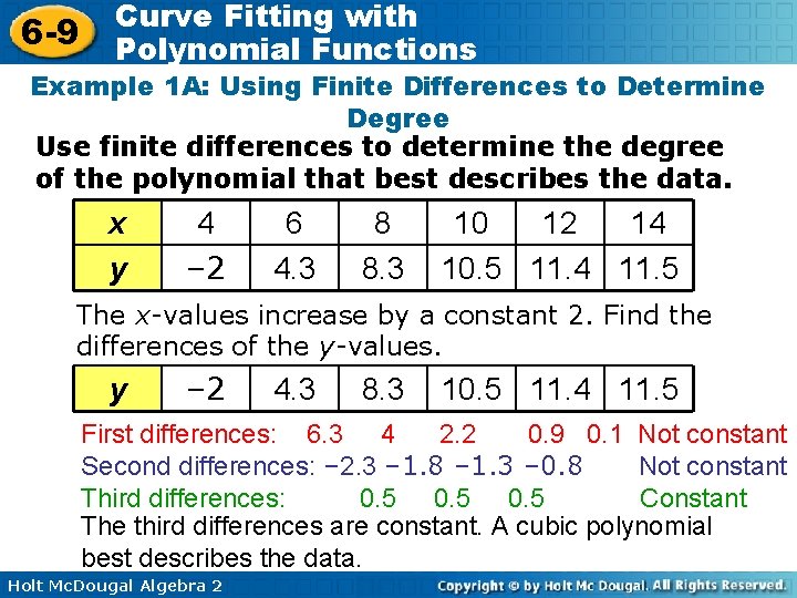 6 -9 Curve Fitting with Polynomial Functions Example 1 A: Using Finite Differences to