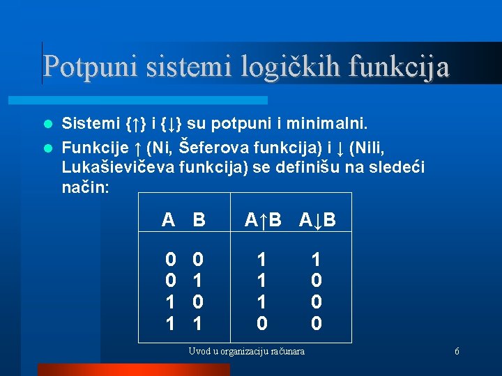 Potpuni sistemi logičkih funkcija Sistemi {↑} i {↓} su potpuni i minimalni. Funkcije ↑