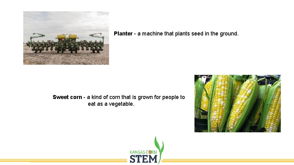Planter - a machine that plants seed in the ground. Sweet corn - a