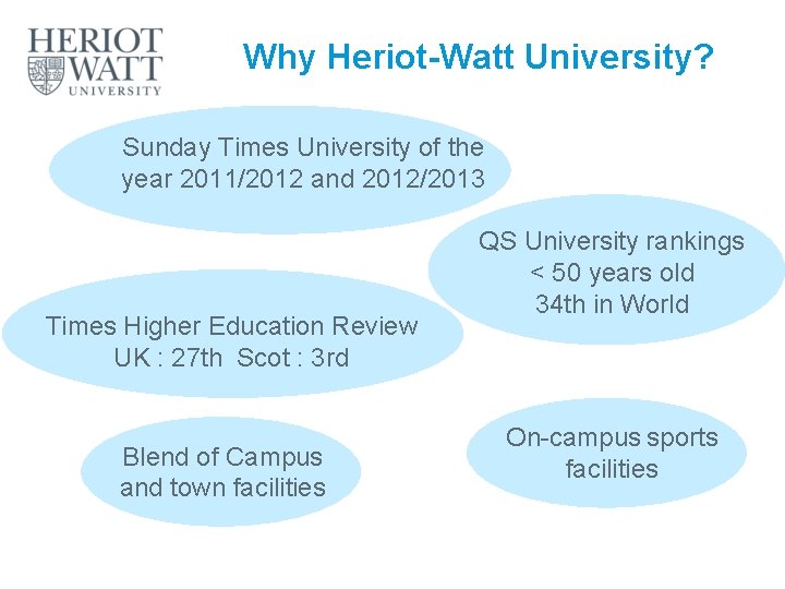 Why Heriot-Watt University? Sunday Times University of the year 2011/2012 and 2012/2013 Times Higher
