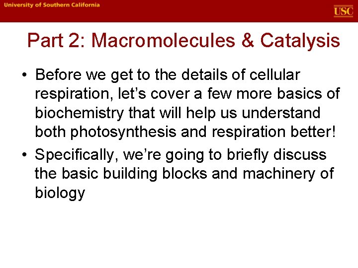 Part 2: Macromolecules & Catalysis • Before we get to the details of cellular Part 2: Macromolecules & Catalysis • Before we get to the details of cellular