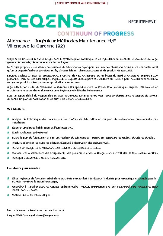 | STRICTLY PRIVATE AND CONFIDENTIAL | RECRUTEMENT Alternance – Ingénieur Méthodes Maintenance H/F Villeneuve-la-Garenne