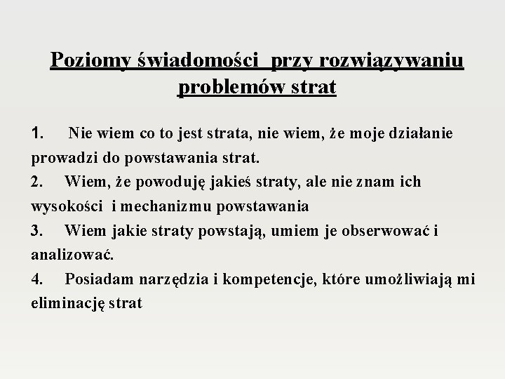 Poziomy świadomości przy rozwiązywaniu problemów strat 1. Nie wiem co to jest strata, nie Poziomy świadomości przy rozwiązywaniu problemów strat 1. Nie wiem co to jest strata, nie