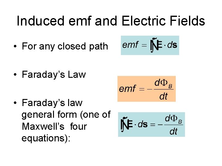 Induced emf and Electric Fields • For any closed path • Faraday’s Law •