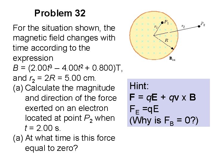 Problem 32 For the situation shown, the magnetic field changes with time according to