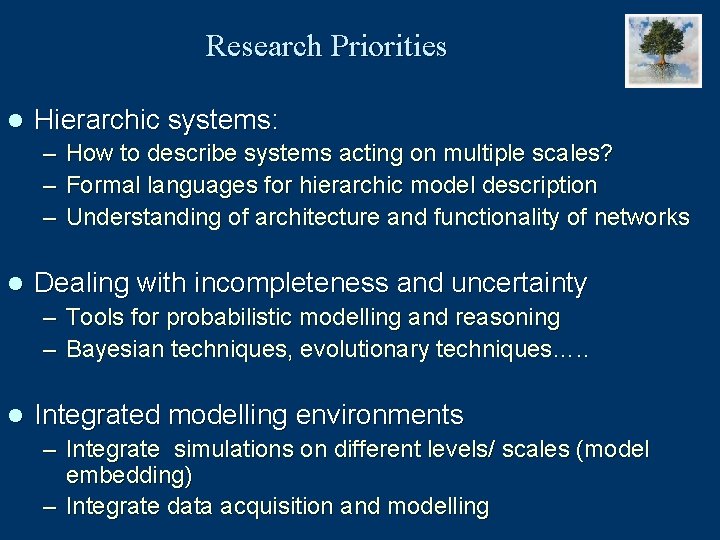 Research Priorities l Hierarchic systems: – How to describe systems acting on multiple scales?