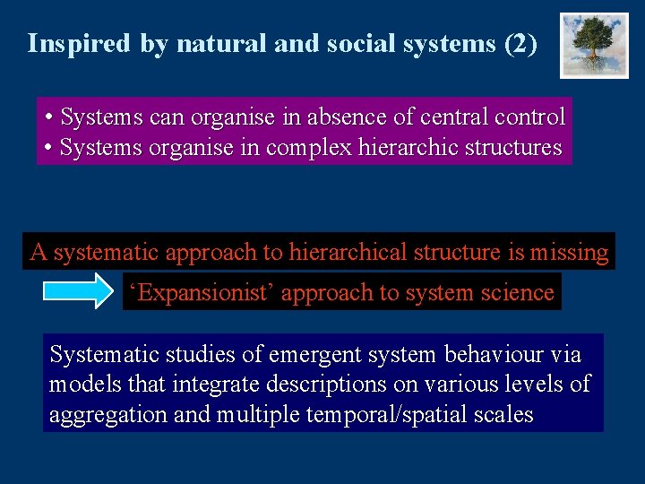 Inspired by natural and social systems (2) • Systems can organise in absence of