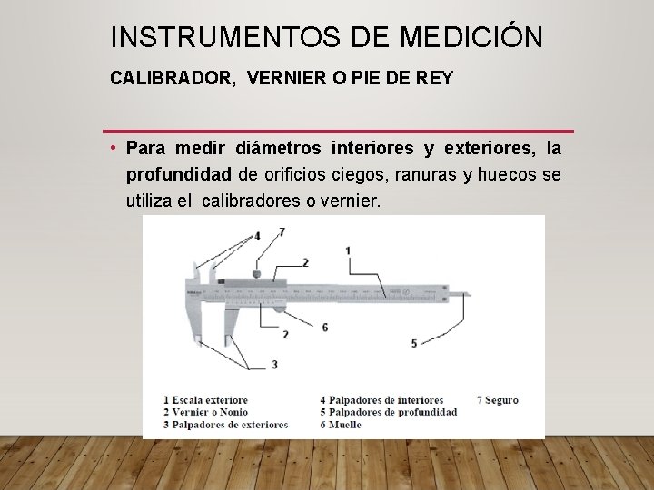 INSTRUMENTOS DE MEDICIÓN CALIBRADOR, VERNIER O PIE DE REY • Para medir diámetros interiores