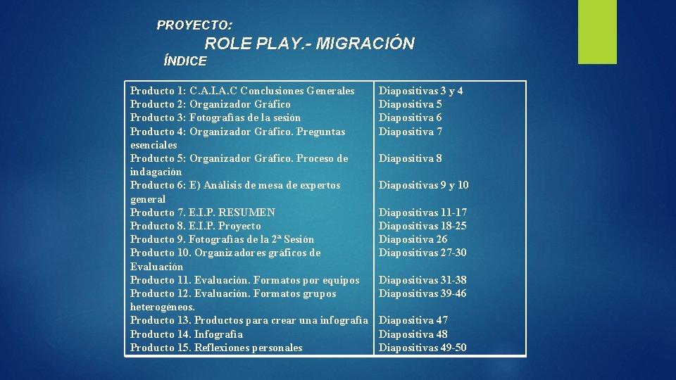 PROYECTO: ROLE PLAY. - MIGRACIÓN ÍNDICE Producto 1: C. A. I. A. C Conclusiones