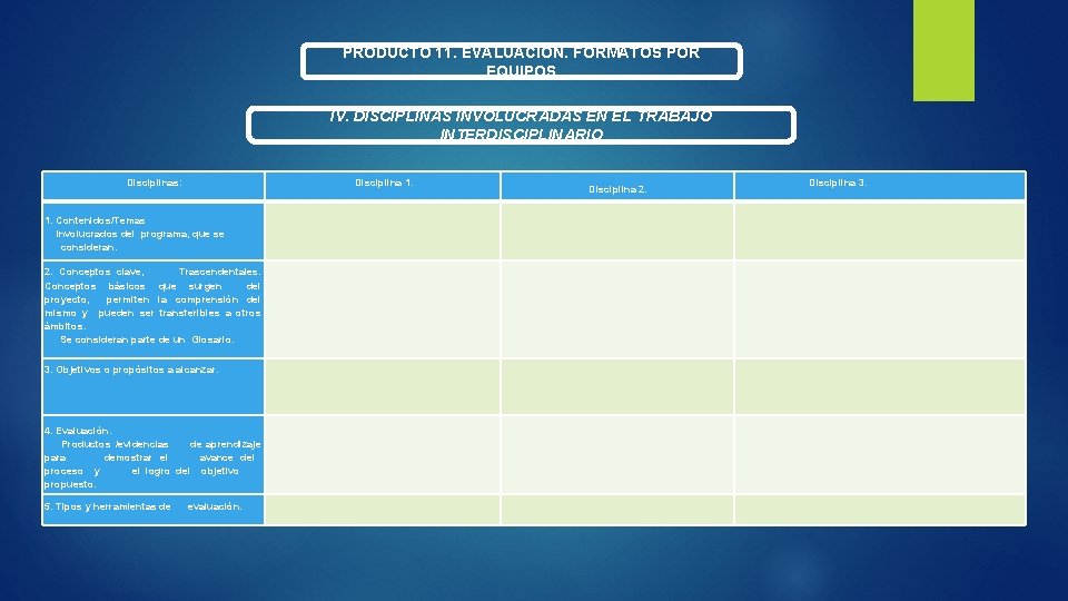 PRODUCTO 11. EVALUACIÓN. FORMATOS POR EQUIPOS IV. DISCIPLINAS INVOLUCRADAS EN EL TRABAJO INTERDISCIPLINARIO Disciplinas: