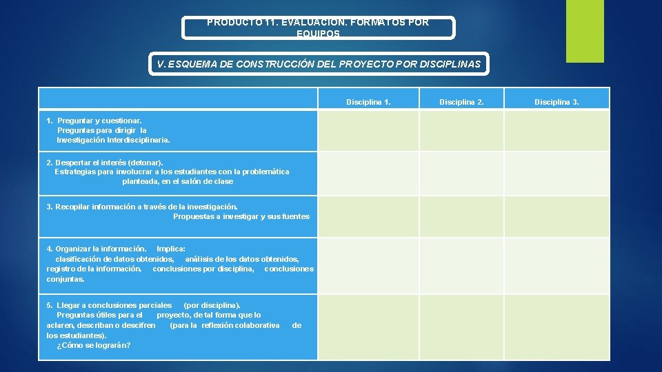 PRODUCTO 11. EVALUACIÓN. FORMATOS POR EQUIPOS V. ESQUEMA DE CONSTRUCCIÓN DEL PROYECTO POR DISCIPLINAS