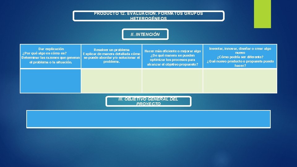 PRODUCTO 12. EVALUACIÓN. FORMATOS GRUPOS HETEROGÉNEOS II. INTENCIÓN Dar explicación Resolver un problema ¿Por