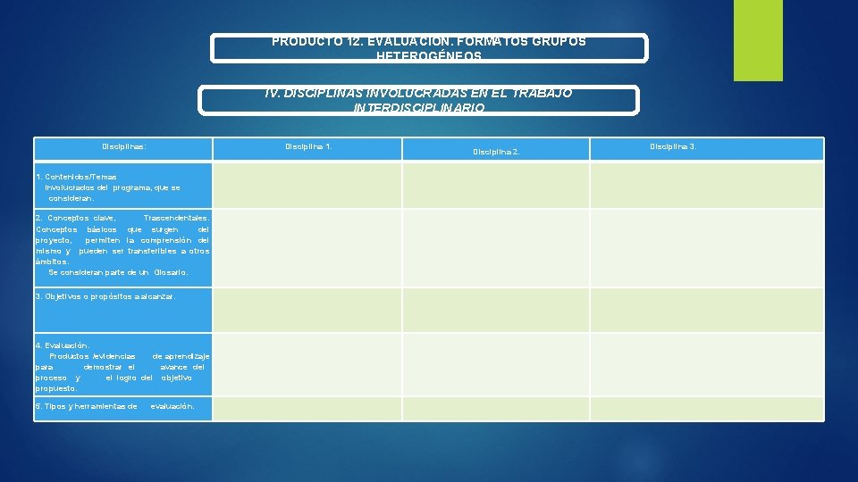 PRODUCTO 12. EVALUACIÓN. FORMATOS GRUPOS HETEROGÉNEOS IV. DISCIPLINAS INVOLUCRADAS EN EL TRABAJO INTERDISCIPLINARIO Disciplinas: