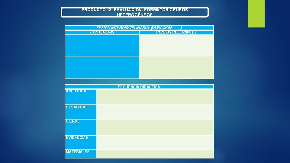 PRODUCTO 12. EVALUACIÓN. FORMATOS GRUPOS HETEROGÉNEOS SESIÓN INTERDISCIPLINARIA (DURACIÓN: ) CONTENIDOS PUNTOS RELEVANTES SECUENCIA