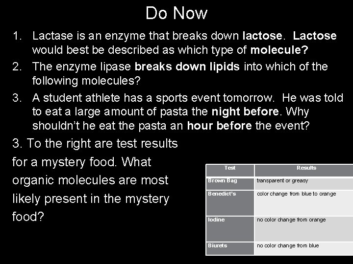 Do Now 1. Lactase is an enzyme that breaks down lactose. Lactose would best