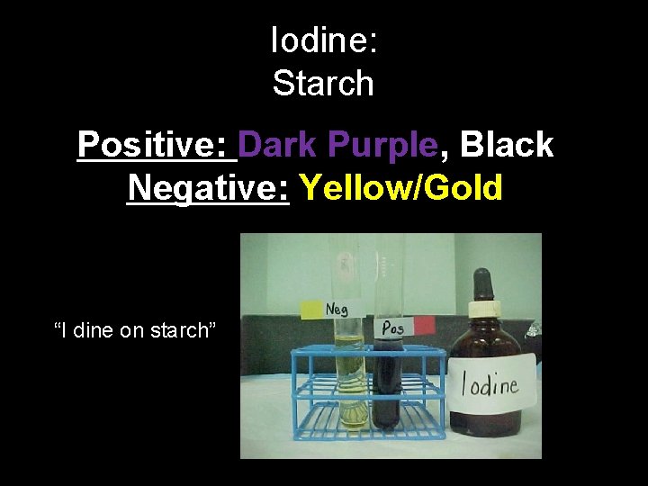 Iodine: Starch Positive: Dark Purple, Black Negative: Yellow/Gold “I dine on starch” 