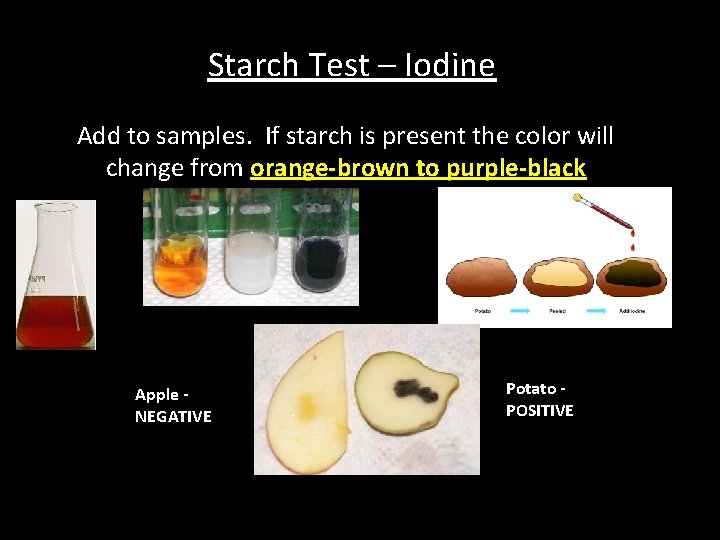 Starch Test – Iodine Add to samples. If starch is present the color will