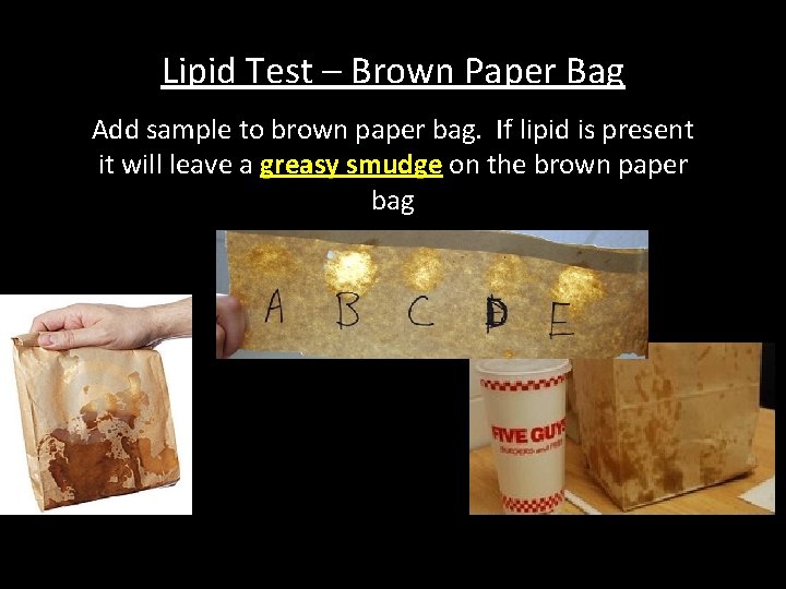 Lipid Test – Brown Paper Bag Add sample to brown paper bag. If lipid