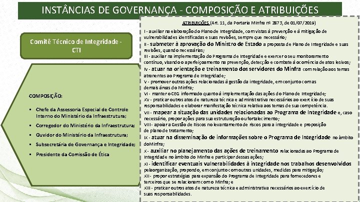 INST NCIAS DE GOVERNANÇA - COMPOSIÇÃO E ATRIBUIÇÕES (Art. 11, da Portaria MInfra nº