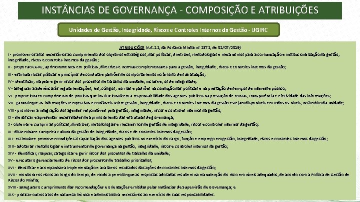 INST NCIAS DE GOVERNANÇA - COMPOSIÇÃO E ATRIBUIÇÕES Unidades de Gestão, Integridade, Riscos e