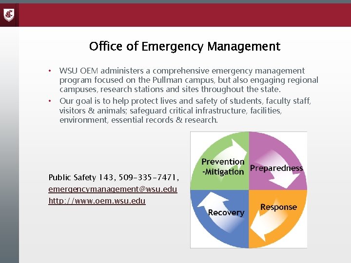 Office of Emergency Management • WSU OEM administers a comprehensive emergency management program focused