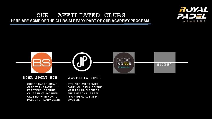 OUR AFFILIATED CLUBS HERE ARE SOME OF THE CLUBS ALREADY PART OF OUR ACADEMY OUR AFFILIATED CLUBS HERE ARE SOME OF THE CLUBS ALREADY PART OF OUR ACADEMY