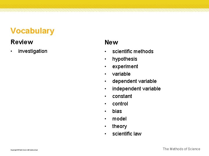 Vocabulary Review New • • • • investigation Copyright © Mc. Graw-Hill Education scientific
