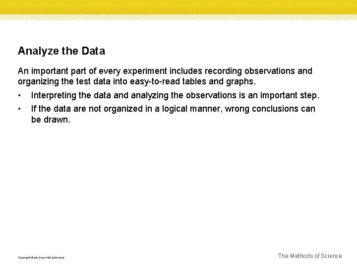 Analyze the Data An important part of every experiment includes recording observations and organizing