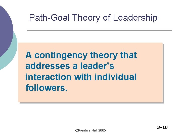 Path-Goal Theory of Leadership A contingency theory that addresses a leader’s interaction with individual