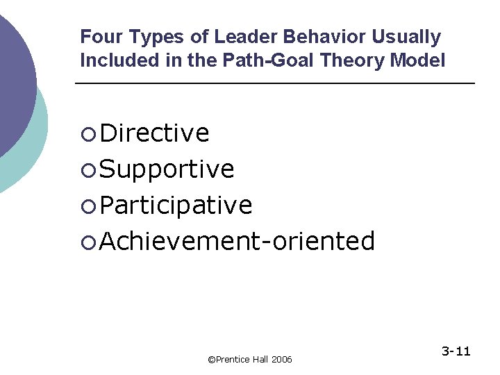 Four Types of Leader Behavior Usually Included in the Path-Goal Theory Model ¡ Directive