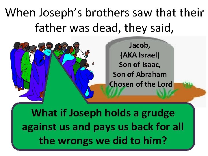 When Joseph’s brothers saw that their father was dead, they said, Jacob, (AKA Israel)