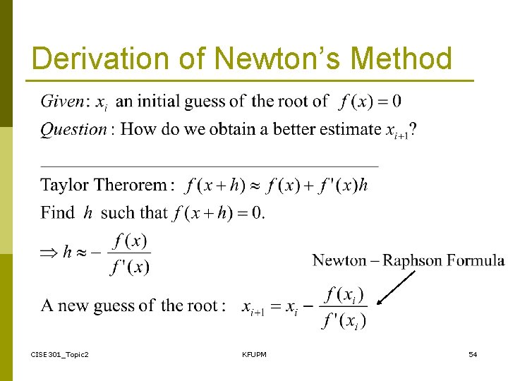 Derivation of Newton’s Method CISE 301_Topic 2 KFUPM 54 