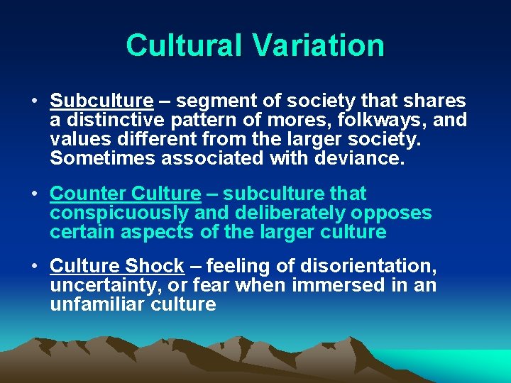 Cultural Variation • Subculture – segment of society that shares a distinctive pattern of