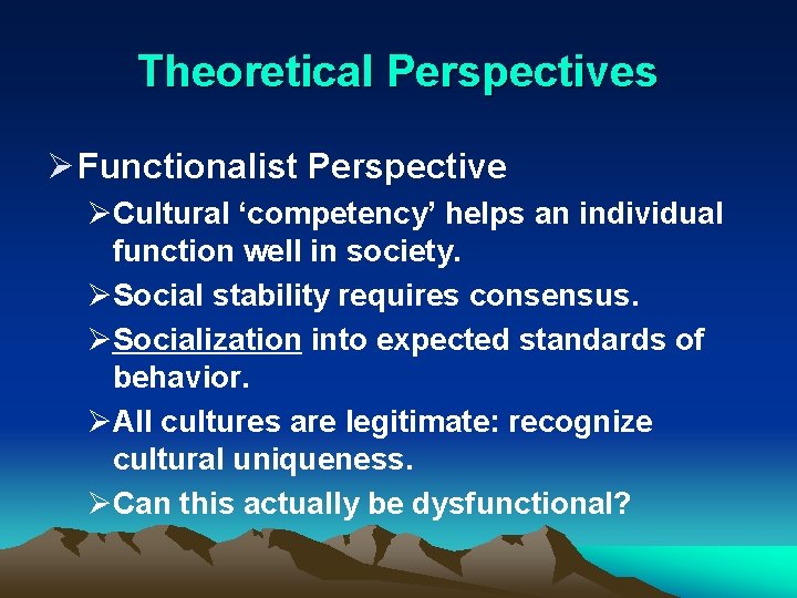 Theoretical Perspectives Ø Functionalist Perspective ØCultural ‘competency’ helps an individual function well in society.