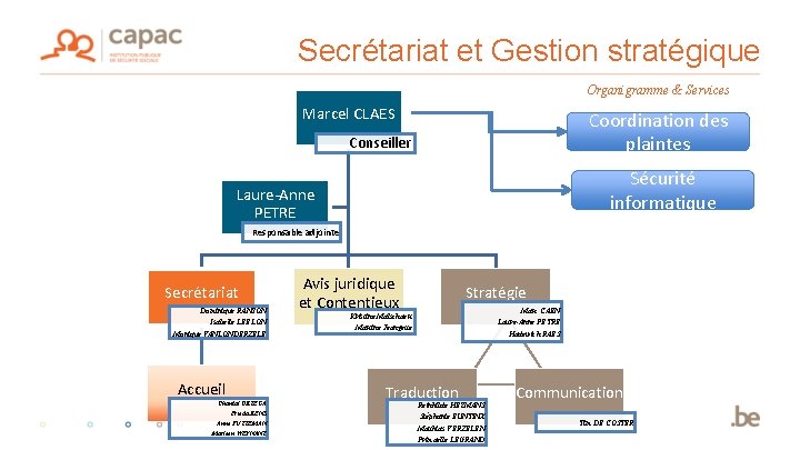 Secrétariat et Gestion stratégique Organigramme & Services Marcel CLAES Coordination des plaintes Conseiller Sécurité