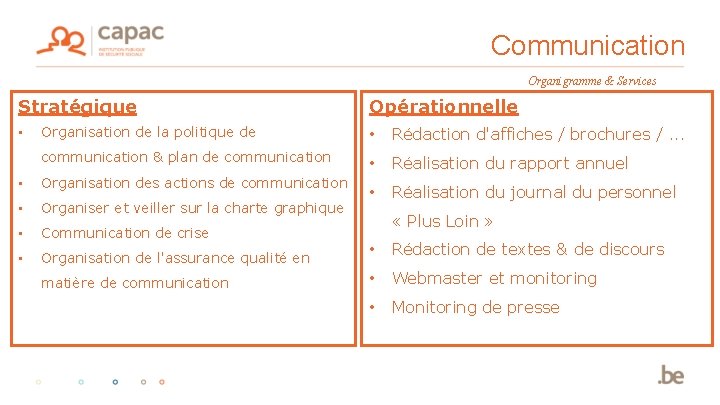 Communication Organigramme & Services Stratégique • Opérationnelle Organisation de la politique de • Rédaction