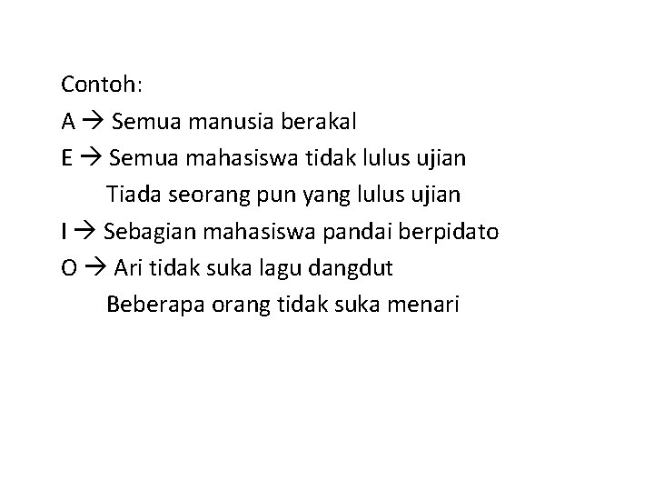 Contoh: A Semua manusia berakal E Semua mahasiswa tidak lulus ujian Tiada seorang pun