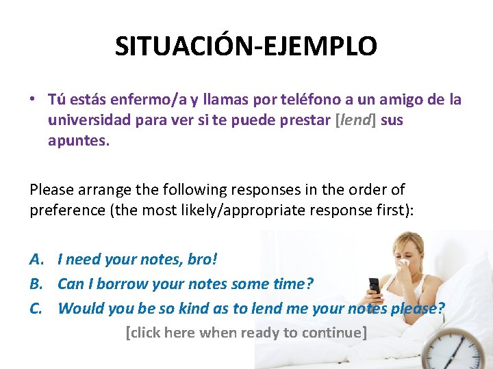 SITUACIÓN-EJEMPLO • Tú estás enfermo/a y llamas por teléfono a un amigo de la