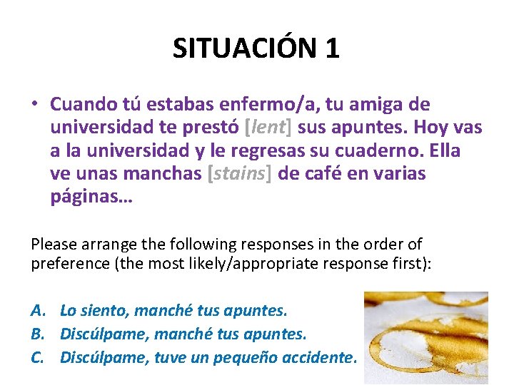 SITUACIÓN 1 • Cuando tú estabas enfermo/a, tu amiga de universidad te prestó [lent]