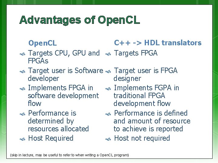 Advantages of Open. CL Targets CPU, GPU and FPGAs Target user is Software developer