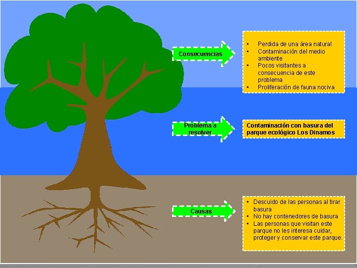 Consecuencias • • Problema a resolver Causas Perdida de una área natural Contaminación del