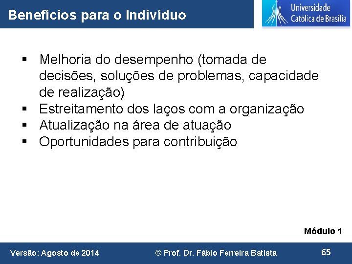 Benefícios para o Indivíduo § Melhoria do desempenho (tomada de decisões, soluções de problemas,