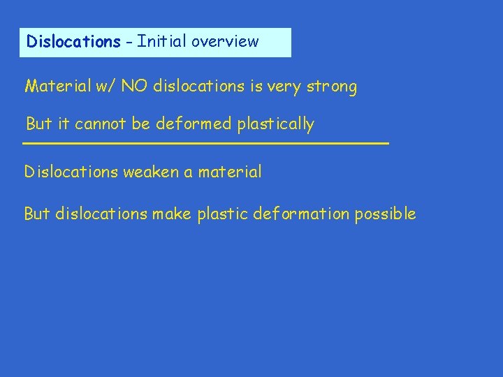 Dislocations - Initial overview Material w/ NO dislocations is very strong But it cannot