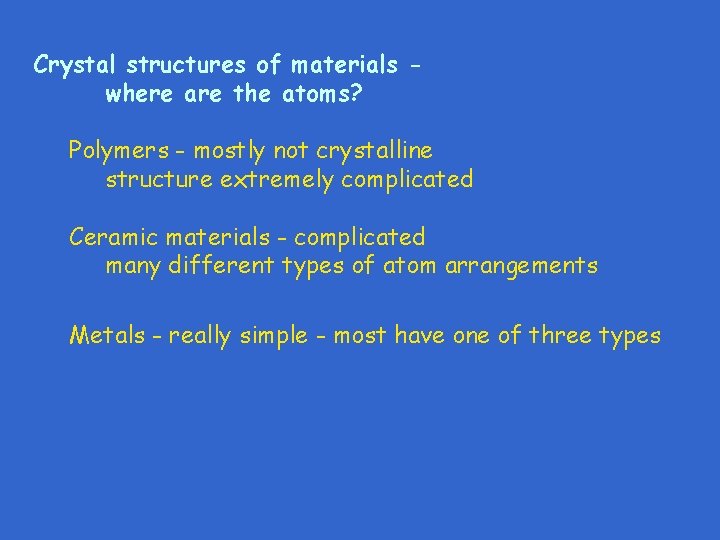 Crystal structures of materials where are the atoms? Polymers - mostly not crystalline structure